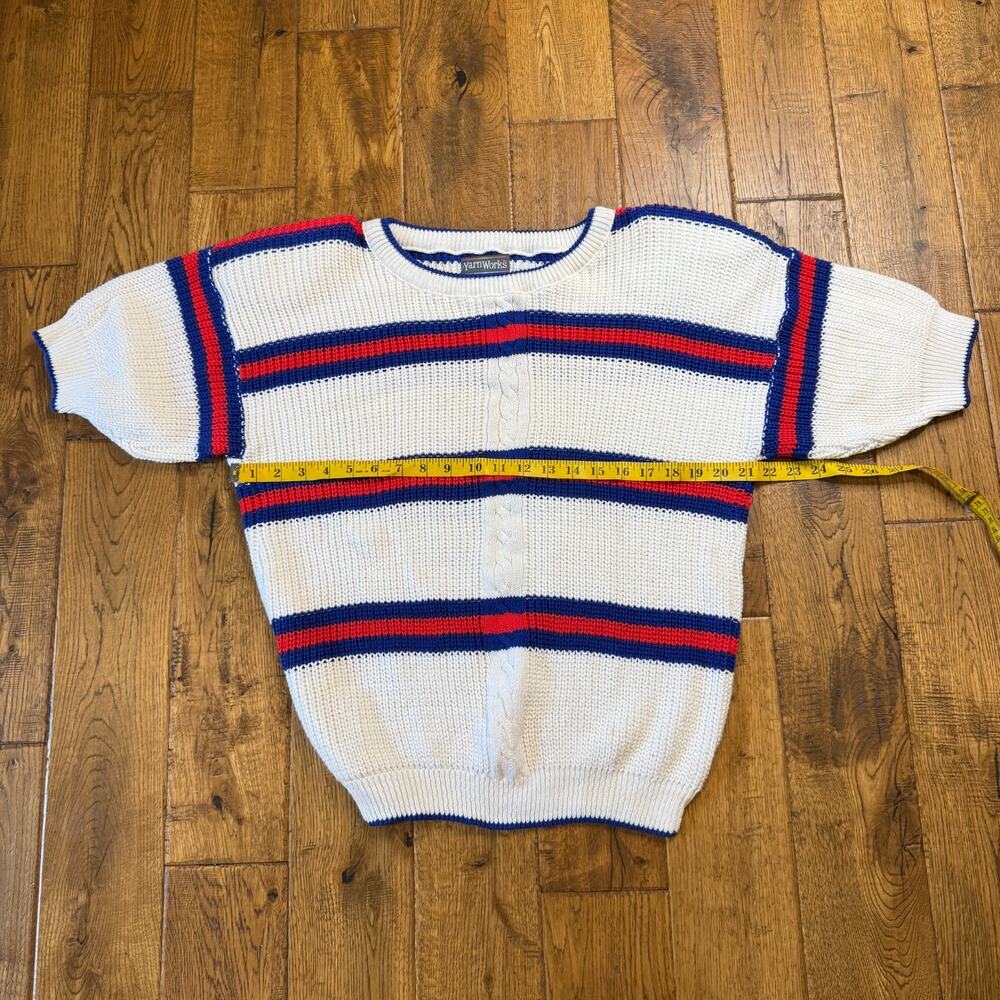 VTG Yarnworks White Red Blue Striped Short Sleeve Knit Sweater Womens L USA - Picture 5 of 6